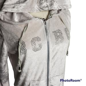 Vintage Velour Track Jacket Silver Rheinstone  Hoddie Y2K Loungewear Bligy Large